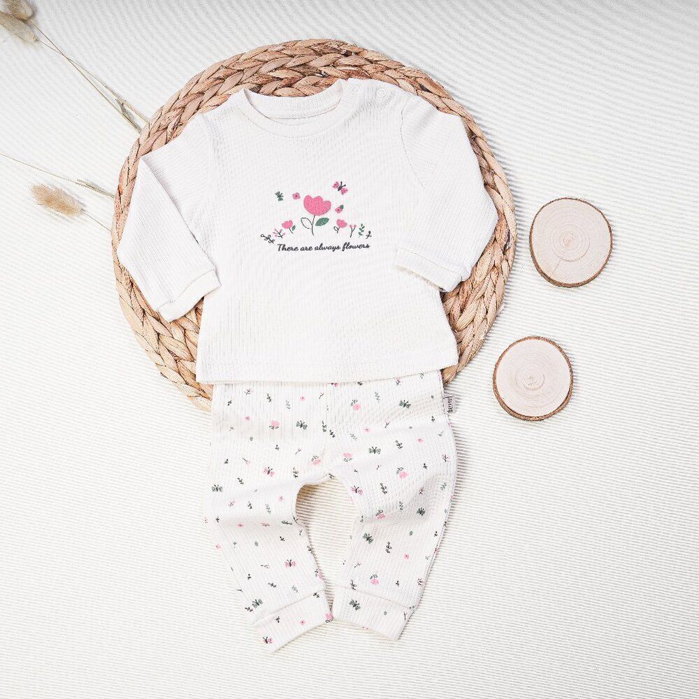 Ribbed Cotton Baby Girl Set - Flowers CREAM
